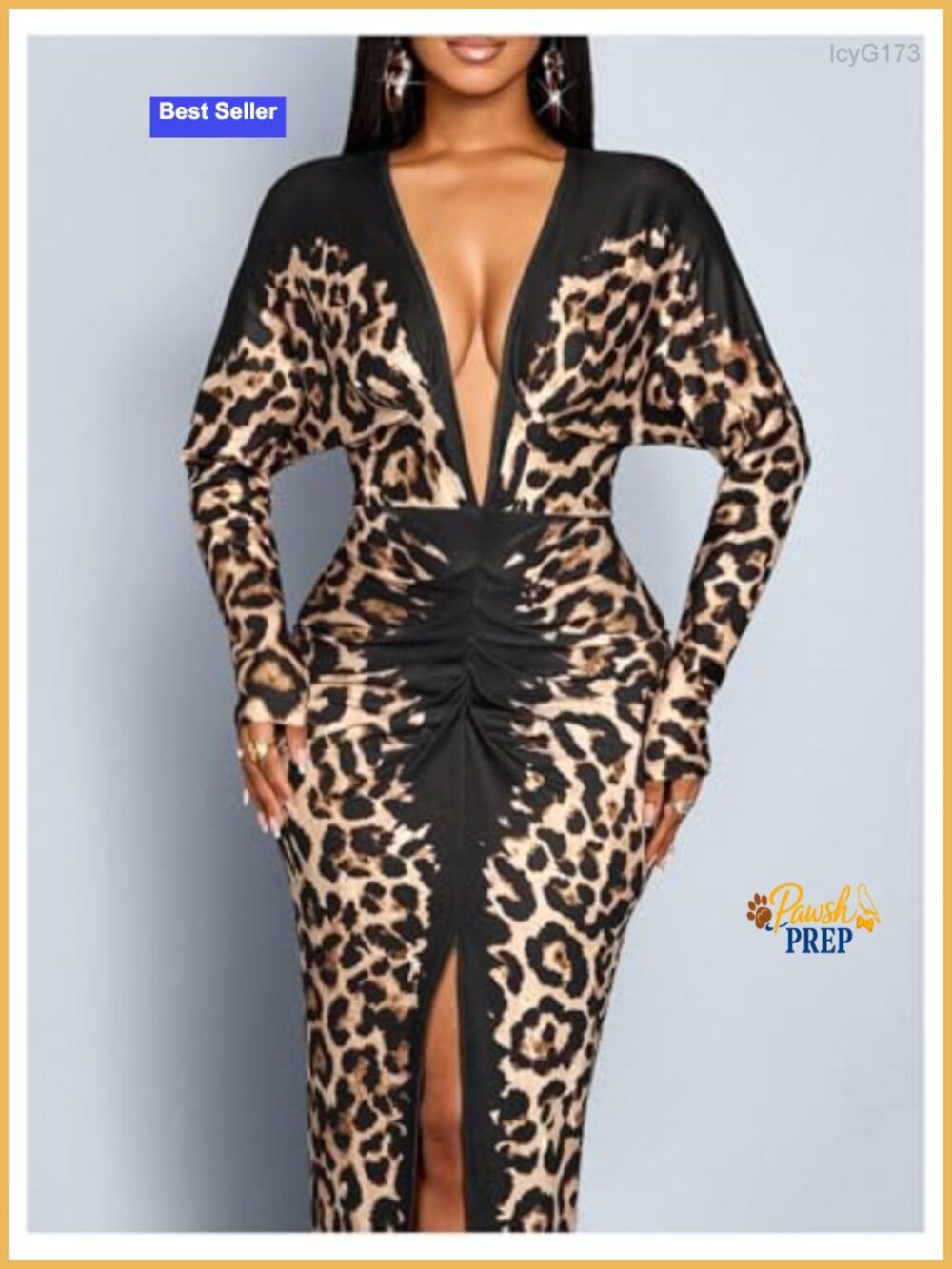 Leopard Print Maxi Dress Bodycon Long Sleeve V-Neck Slit Party - Picture 3 of 4